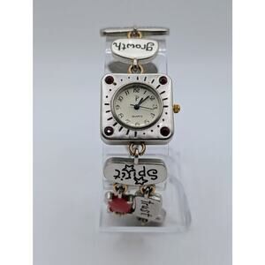 Vintage Silver Tone Charm Watch‎ Square Face Red Crystal Accents Working